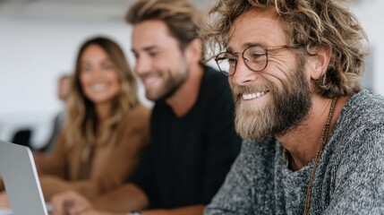 Fototapeta premium Three upbeat individuals with stylish looks work side by side on laptops in a sleek workspace, embodying the spirit of collaboration and modern workplace dynamics.