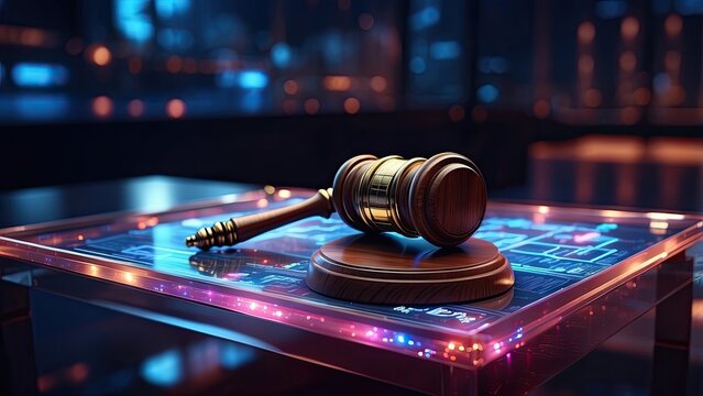 A judge's gavel is placed on a digitally rendered surface with glowing circuitry and binary code - Powered by Adobe