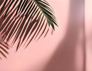 Minimal Shadow of tropical palm leaves on pastel pink background.