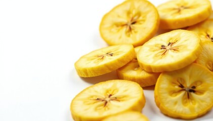 Dehydrated banana slices, golden yellow on stark white , healthy, minimalist