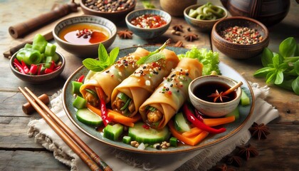 Fototapeta premium Spring Rolls China Fried rolls filled with vegetables or meat