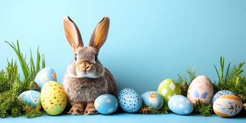 A rabbit sits surrounded by colorful Easter eggs and fresh green grass.