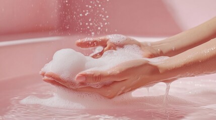 Fototapeta premium Close-Up of Delicate Hands Holding Soft Bubbles in a Pink Bathtub Surrounded by a Calm and Relaxing Atmosphere