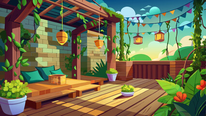 Obraz premium Urban terrace escape with green vines climbing the wall, wood deck flooring, and lanterns