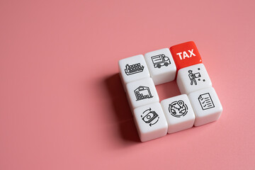 Red cube with TAX letter for global trade tariff. Tax expense management concept for business or individual who have high income. Pay tax and revenue decrease. Trade war, global recession issue.