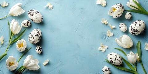 White flowers and colorful eggs decorate a serene blue surface for Easter celebration.