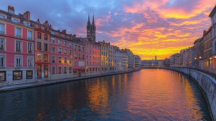 Fototapeta premium Serene european city canal illuminated by a vibrant sunrise cityscape