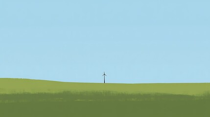 Solitary pylon in a vast green field under a pale blue sky.