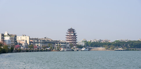 Naklejka premium Hejiang Tower Ancient Building Landscape in Huizhou, China