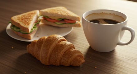 Sandwiches and Croissant with Coffee on Wooden Table  