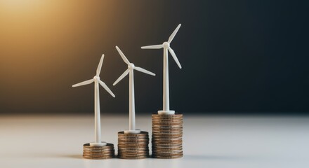 Wind turbines growing on stacks of coins against dark background  