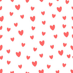 Seamless pattern of hand drawn red hearts on soft white background. Perfect for greeting cards, wrapping paper, fabric, wedding decor or digital design