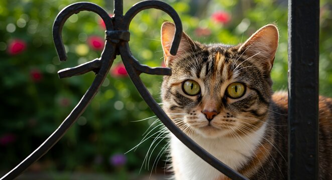 Calico Cat Gazing Through Wrought Iron Fence in a Garden