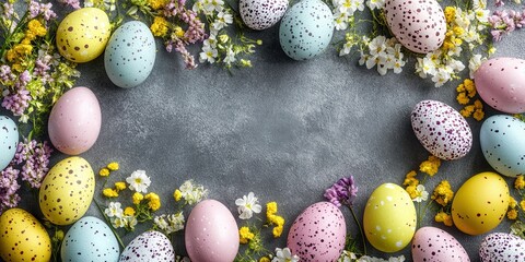 Obraz premium A vibrant wreath featuring colorful eggs and fresh flowers, perfect for Easter celebrations.