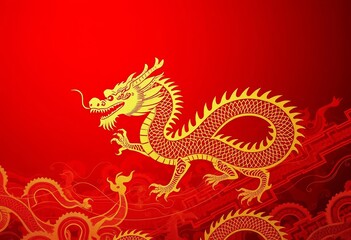 Obraz premium Intricate golden dragon silhouette on fiery red backdrop, gold, illustration
