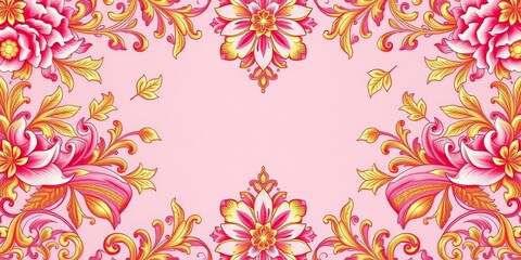 Intricate pink baroque floral pattern with gold metallic accents, ample empty space, flowers, texture