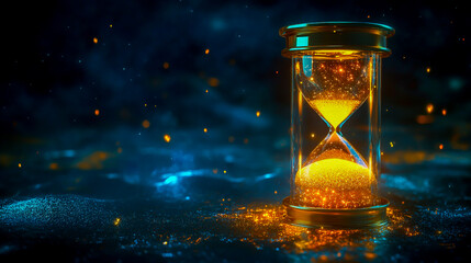 Futuristic hourglass with glowing, radiant sand, illuminated against a dark, cosmic background