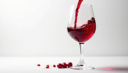 Rich red wine poured into a glass, clean white backdrop, color, still life, drinkware