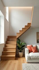 - Modern living room with wooden staircase, minimalist decor, staircase, design