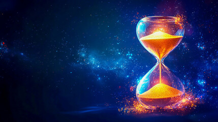 Futuristic hourglass with glowing, radiant sand, illuminated against a dark, cosmic background