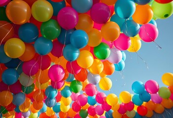 A cascade of vibrant balloons descends in a celebratory burst of color, festive background, bright