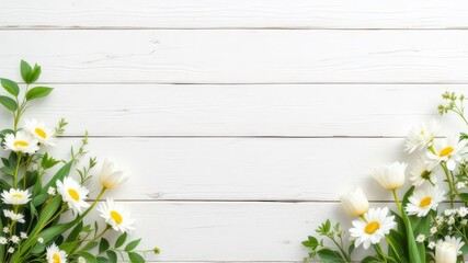 Obraz premium Beautiful White Daisies with Greenery on Rustic Wood Background