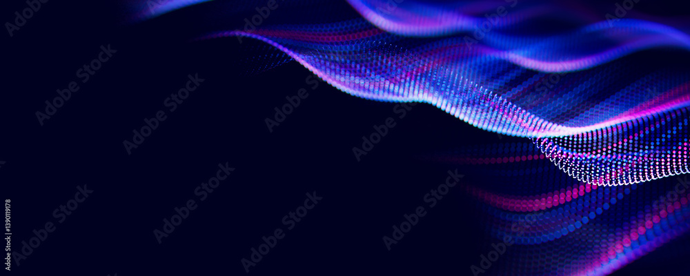 Poster Abstract wave of particles. Big data digital flow concept. LLM learning process, AI technology. Quantum computing. with place for text