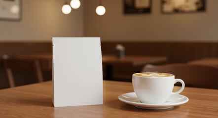 Obraz premium White blank table tent card next to cappuccino cup with latte art on wooden table in cafe. Mockup for restaurant menu, promotional materials or branding design