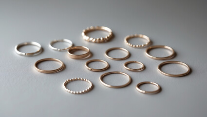 Elegant Gold And Silver Stacking Rings Arranged On A Minimalist Gray Background
