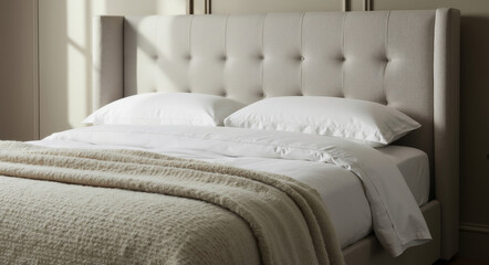Elegant bedroom with tufted gray headboard and white bedding in sunlight. Luxurious hotel room design for comfortable sleep and relaxation