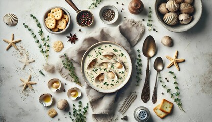 Delicious clam chowder flatlay with fresh clams, herbs, crackers, and vintage cutlery on rustic background. Perfect for food blog, cookbook, menu design, or culinary-themed content.