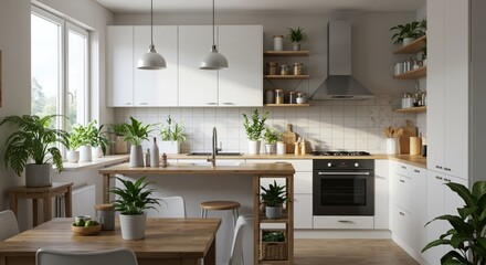 Fototapeta premium Modern kitchen interior design with plants and wooden accents 