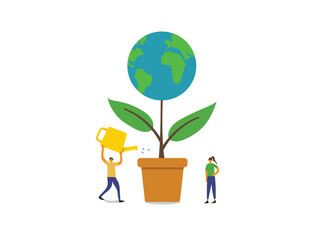 A man and a woman are watering a plant with earth in a pot. Concept of nurturing and caring for the environment