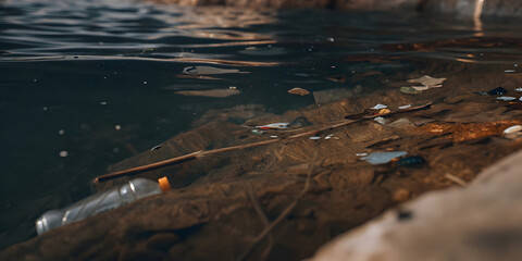 Addressing climate change and sustainability waste pollution in waterways natural environment close-up viewpoint