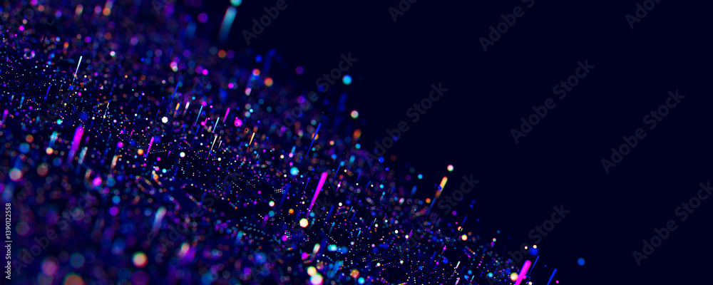 Poster Macro of quantum computing technology. Digital patterns of big data. Microworld of LLM AI learning process. Nano technology presentation. 