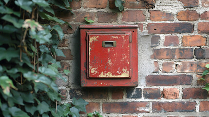 Weathered red mailbox on a brick wall with ivy. Vintage and rustic, the paint is chipped and faded, adding character to the classic design. Nature meets functionality.