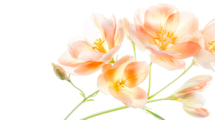 Graceful freesia flowers in soft peach and delicate transparent hues, elegantly isolated on a pure white background, showcasing their subtle beauty and intricate petals