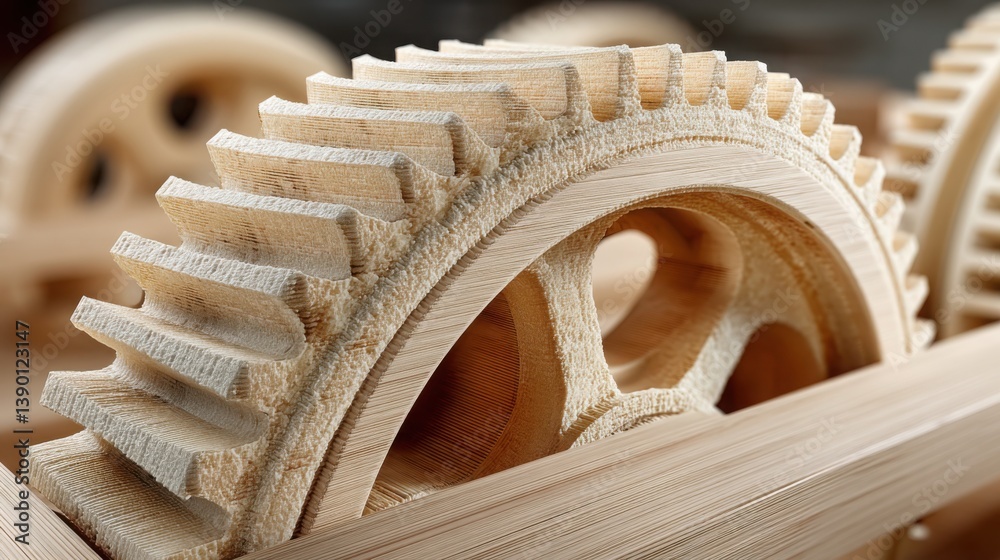 Poster detailed wooden model of a complex machine designed for 3d printing applications in engineering and 