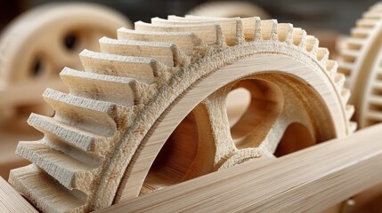 Detailed wooden model of a complex machine designed for 3d printing applications in engineering and prototyping