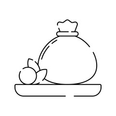 Mozzarella Cheese Bag Icon Outline Style, a cheese sack with basil and tomato, great for Italian food labels and menus.