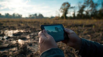 Persons participate in citizen science activities using a device to capture information about natural lighting in a field, surrounded by trees and muddy terrain during morning hours