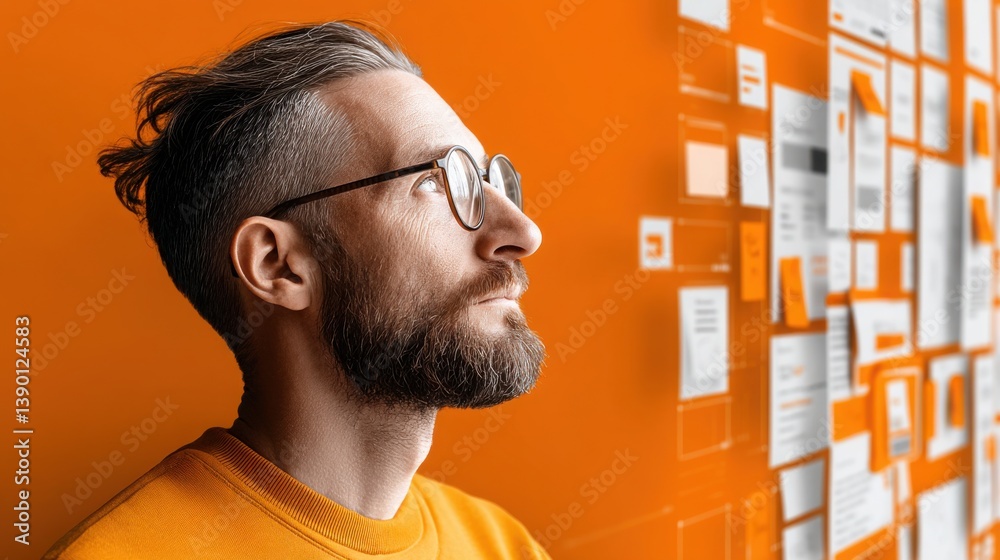 Poster focused man with glasses analyzing a wall of papers while engaging with a floating interface in a pr