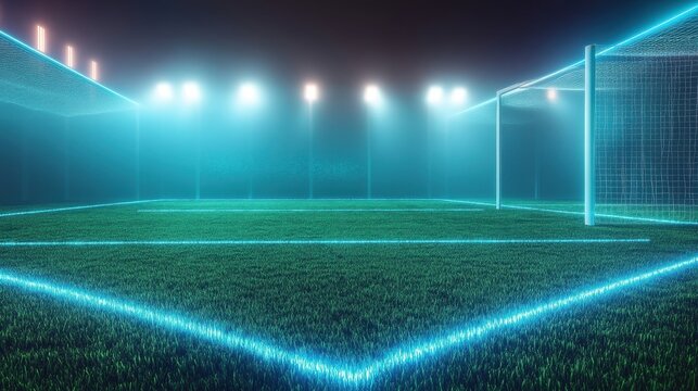 Neon Soccer Field Under Dramatic Lights at Night