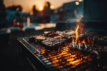A delicious barbecue feast with juicy steaks grilling over an open flame, a social gathering with friends at sunset, outdoor cooking and summer grilling.