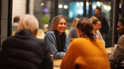 A diverse group of individuals connects over coffee, sharing stories and experiences in a cozy cafe environment. It is evening, and laughter fills the air as friendships grow