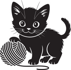 Cat playing with yarn ball vector illustration. Different cats sitting hand drawn black on white background. Pet silhouette.