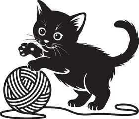 Cat playing with yarn ball vector illustration. Different cats sitting hand drawn black on white background. Pet silhouette.