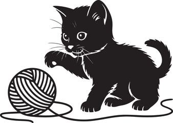 Cat playing with yarn ball vector illustration. Different cats sitting hand drawn black on white background. Pet silhouette.