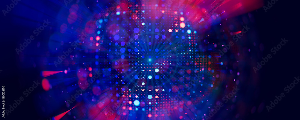 Poster Abstract macro of quantum computing qubit cell. Subatomic patterns of cyber AI intelligence. Futuristic technology concept. 