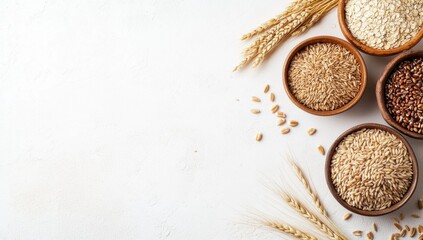 Assorted grains in wooden bowls, including wheat, quinoa, and brown rice